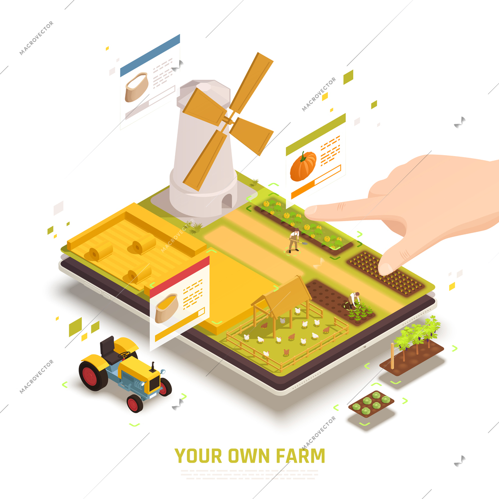 Farming agricultural mobile computer games with harvesting crops growing vegetables chicken pen tractor windmill isometric vector illustration