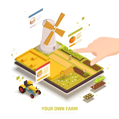 Farming agricultural mobile computer games with harvesting crops growing vegetables chicken pen tractor windmill isometric vector illustration