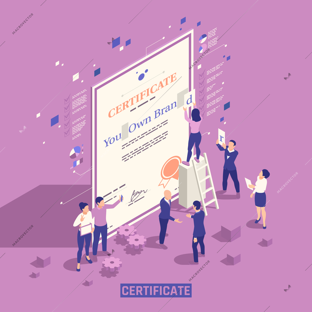 Strategical self marketing personal branding techniques skills management education isometric background composition with official certificate vector illustration