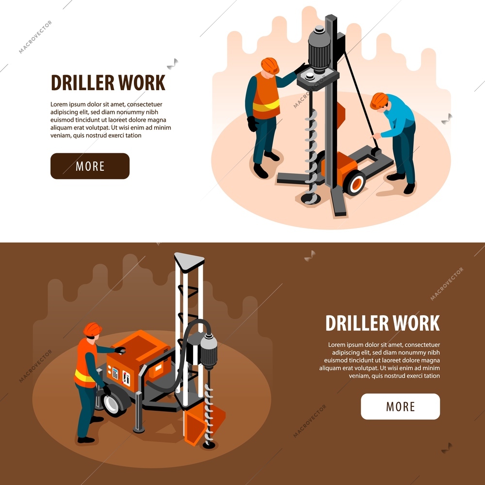 Driller engineer work equipment machinery 2 isometric horizontal web banners with well drilling process supervision vector illustration