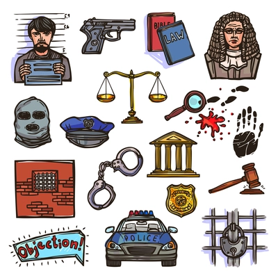 Law justice police and legislation icon color sketch set isolated vector illustration