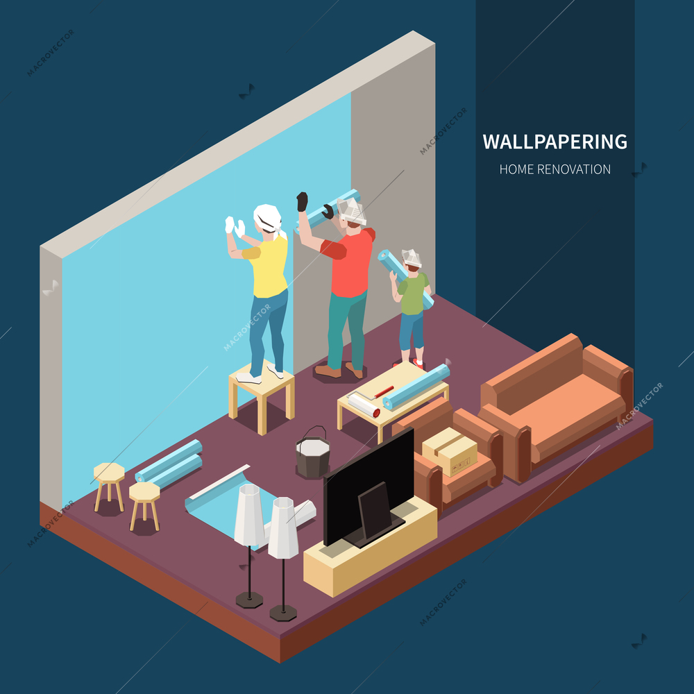 Isometric family doing home renovation wallpapering living room vector illustration