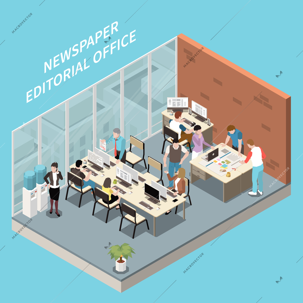 Isometric interior of newspaper editorial office and personnel at work 3d vector illustration