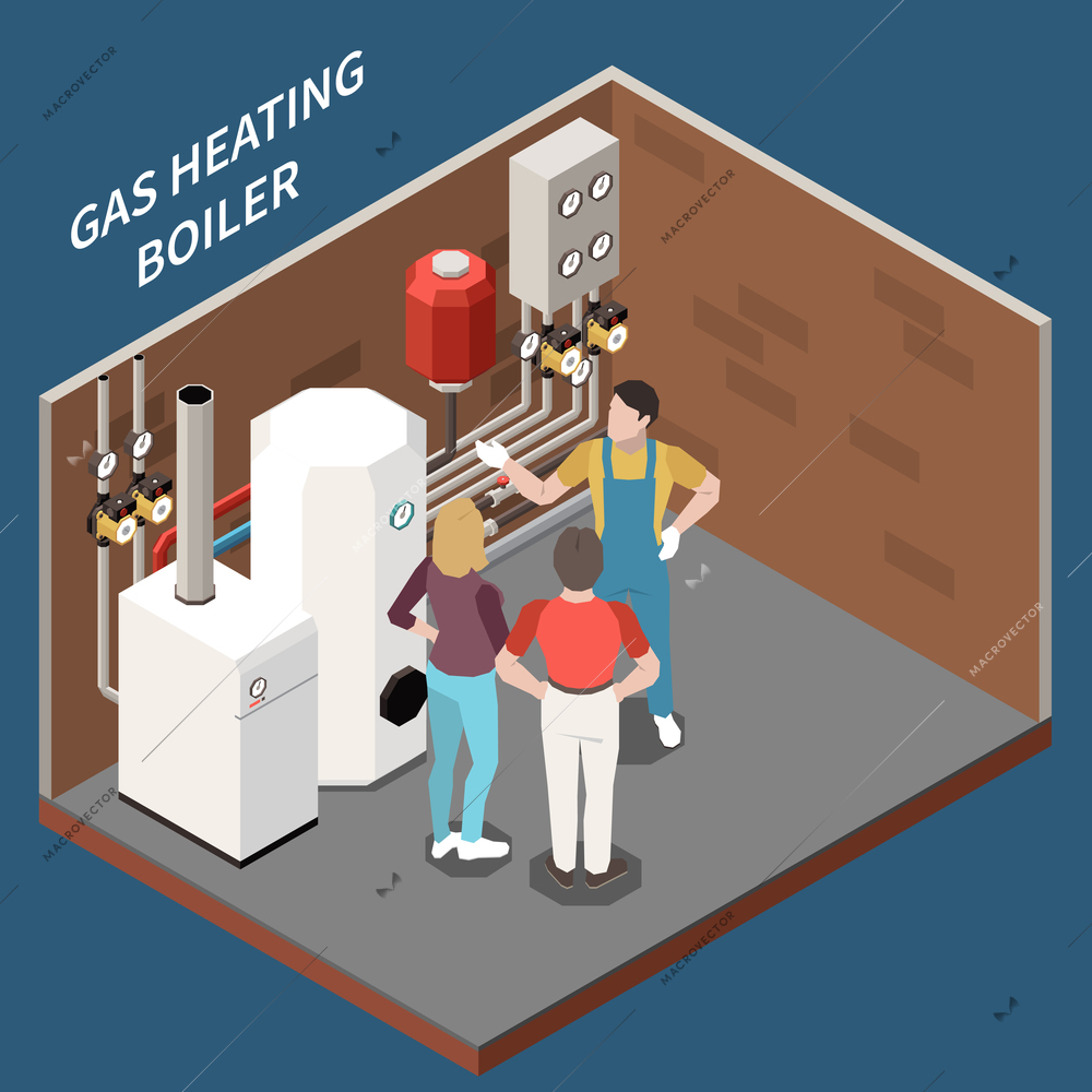 Three isometric characters in heating room with gas boilers 3d vector illustration