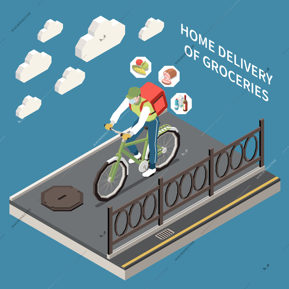 Isometric character of courier delivering groceries by bike 3d vector illustration