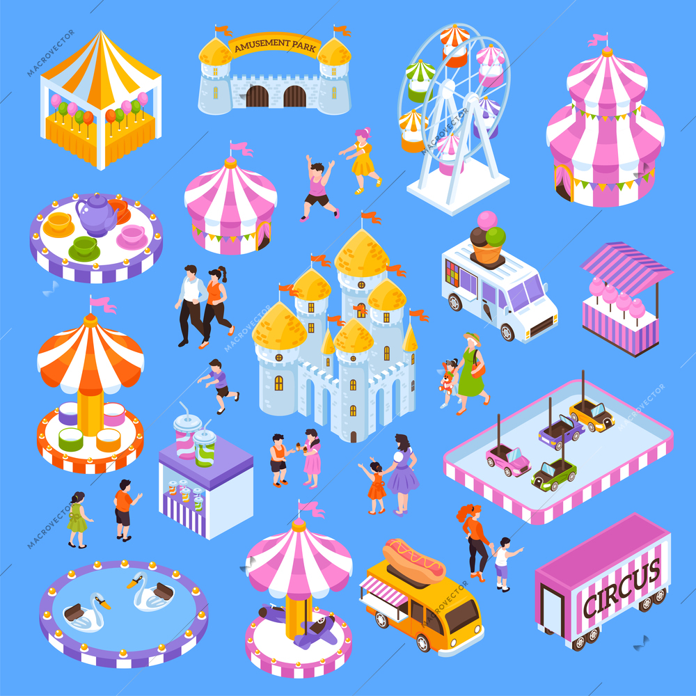 Amusement park isometric icon set with 3d attractions visitors food trucks tents isolated on blue background vector illustration