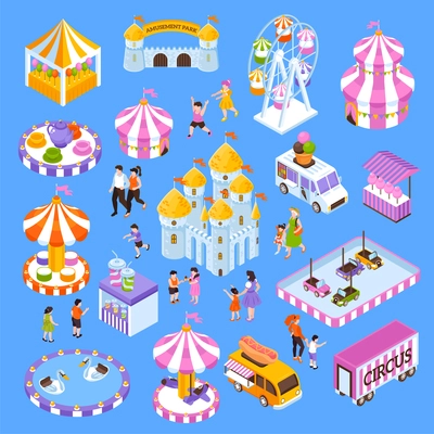 Amusement park isometric icon set with 3d attractions visitors food trucks tents isolated on blue background vector illustration