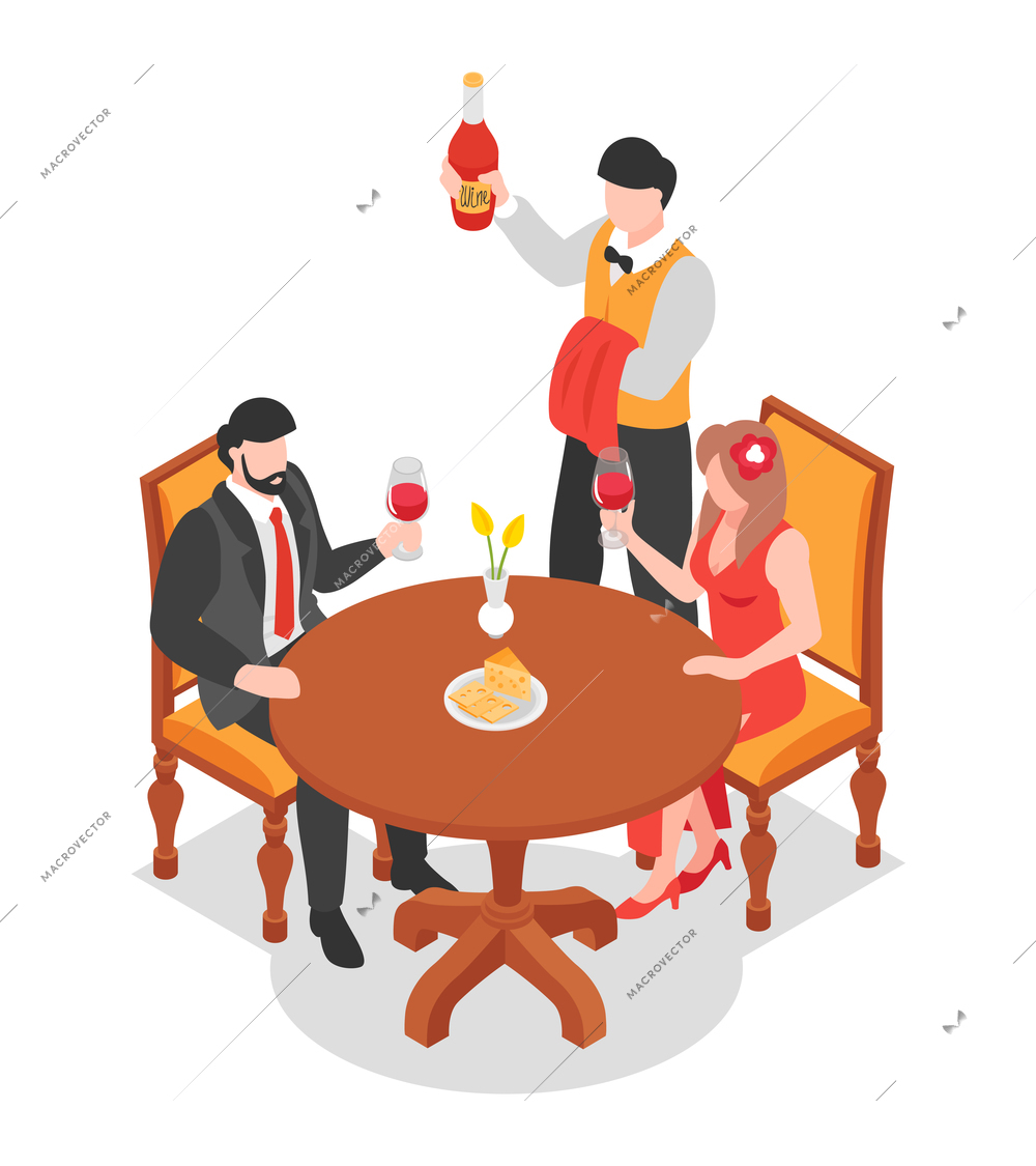 Couple sitting at restaurant table tasting red wine and sommelier with bottle isometric vector illustration