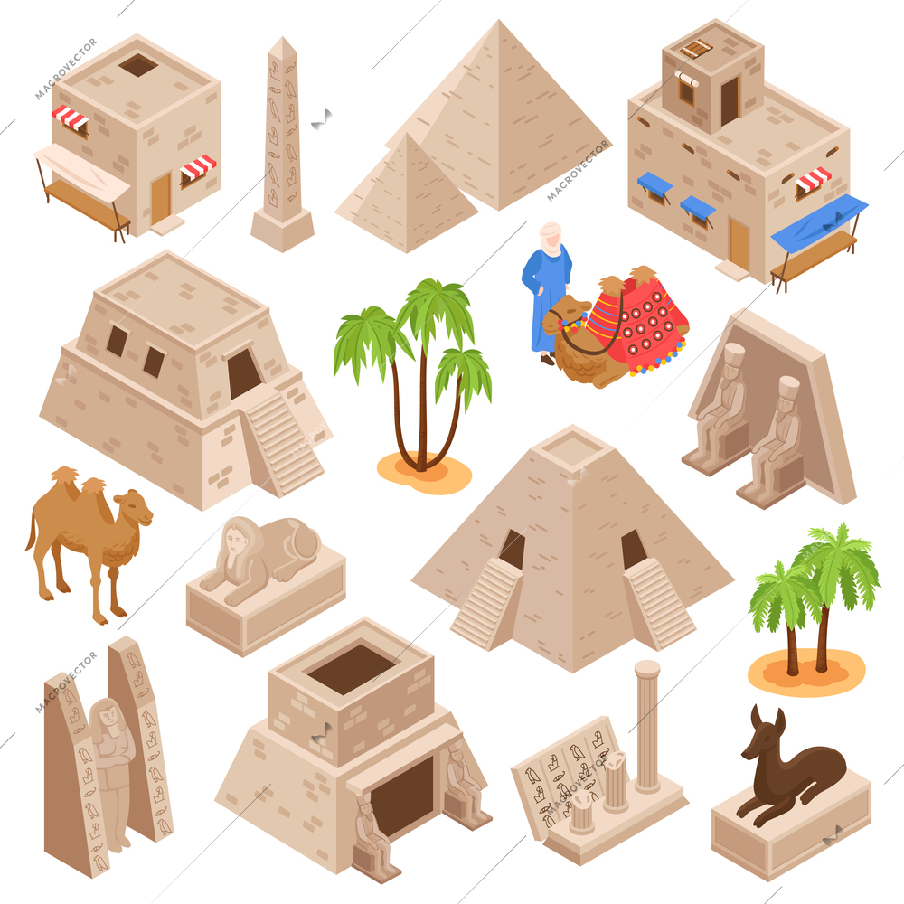 Egypt tourists attractions ancient culture monuments isometric set with pyramids camels sphinx gods statures palms vector illustration