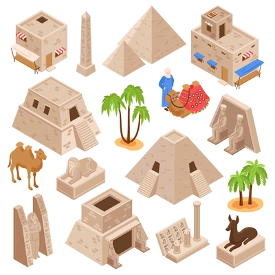 Egypt tourists attractions ancient culture monuments isometric set with pyramids camels sphinx gods statures palms vector illustration