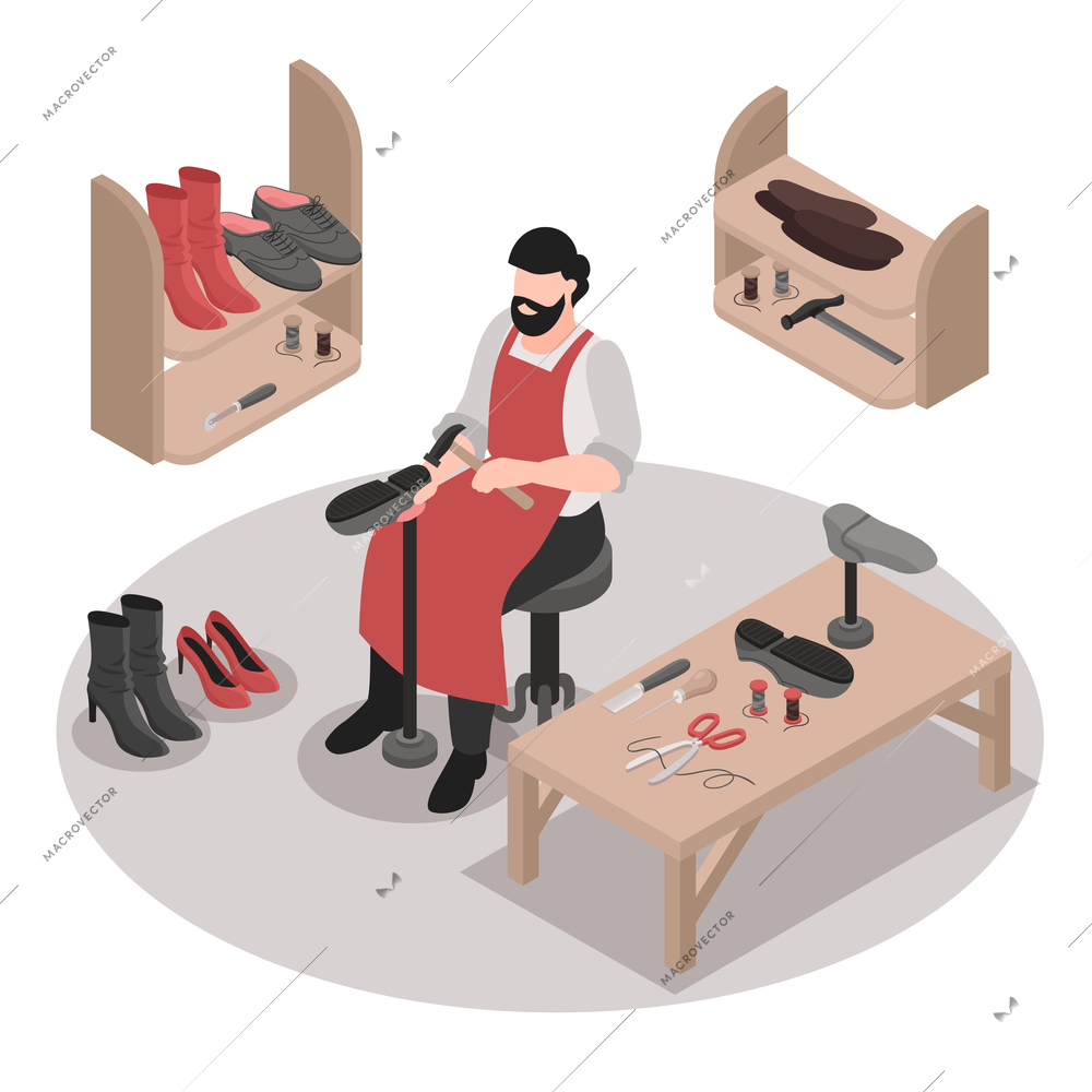 Isometric shoemaker repairing male and female shoes by hand 3d vector illustration
