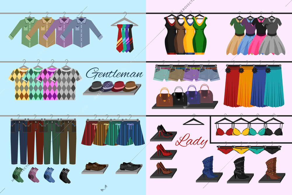 Male and female fashion accessories on shelves clothes shop concept vector illustration.