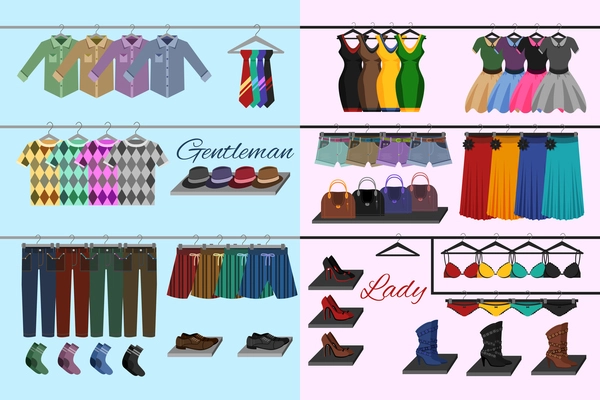 Male and female fashion accessories on shelves clothes shop concept vector illustration.