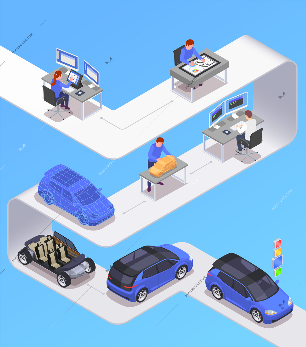 Car designer profession isometric concept with sketching symbols vector illustration