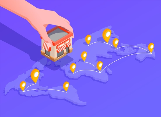 Franchise isometric composition with location and finance symbols vector illustration