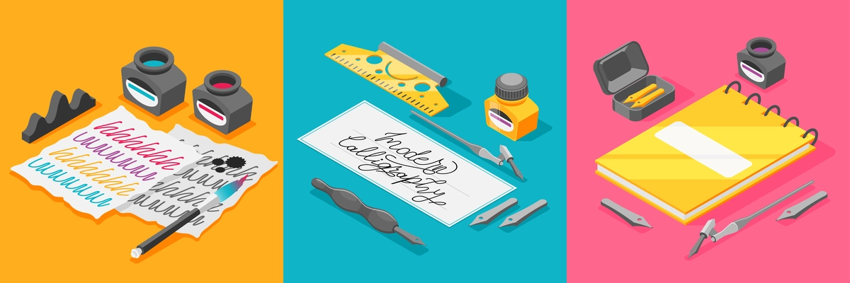Hobby calligraphy isometric set of three square compositions with images of writing instruments and ink pots vector illustration