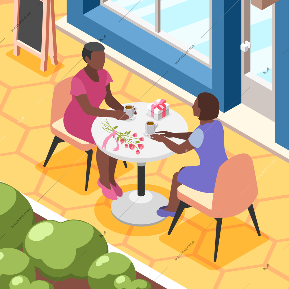 International womens day isometric background composition with view of outdoor cafe with women sitting at table vector illustration