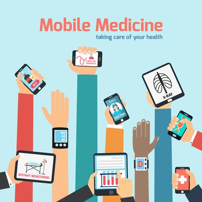 Mobile health concept with human hands holding gadgets vector illustration