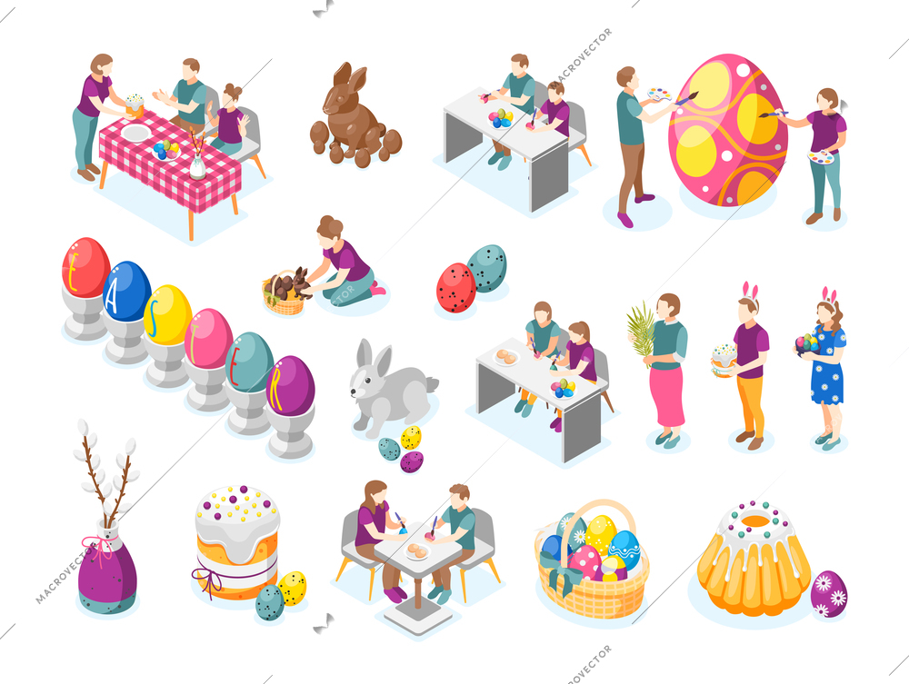 Easter isometric recolor set of isolated icons with human characters making holiday goods accessories painted eggs vector illustration