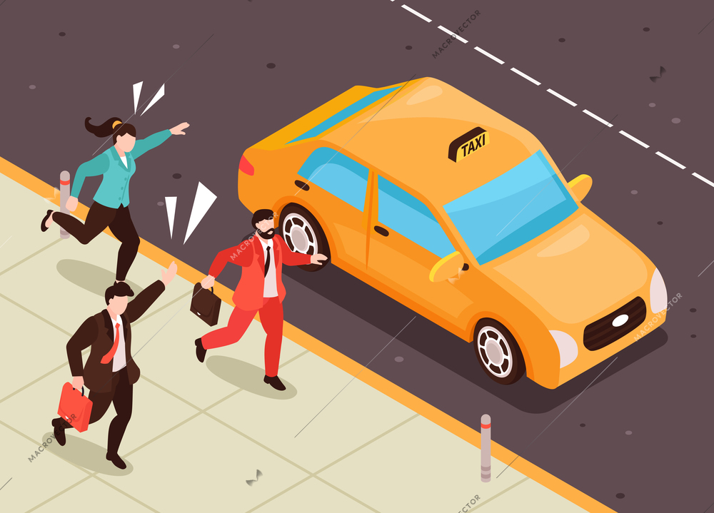 People running for taxi background with time and hurry symbols isometric vector illustration