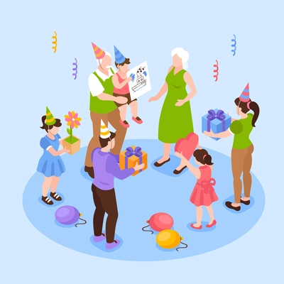 Birthday congratulation concept with children parents and grandparents isometric vector illustration
