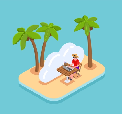 Isometric concept with man working remotely on laptop sitting on beach with palms 3d vector illustration