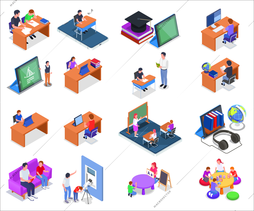 Homeschooling 3d isometric icons set with online classes and parents teaching their children isolated vector illustration