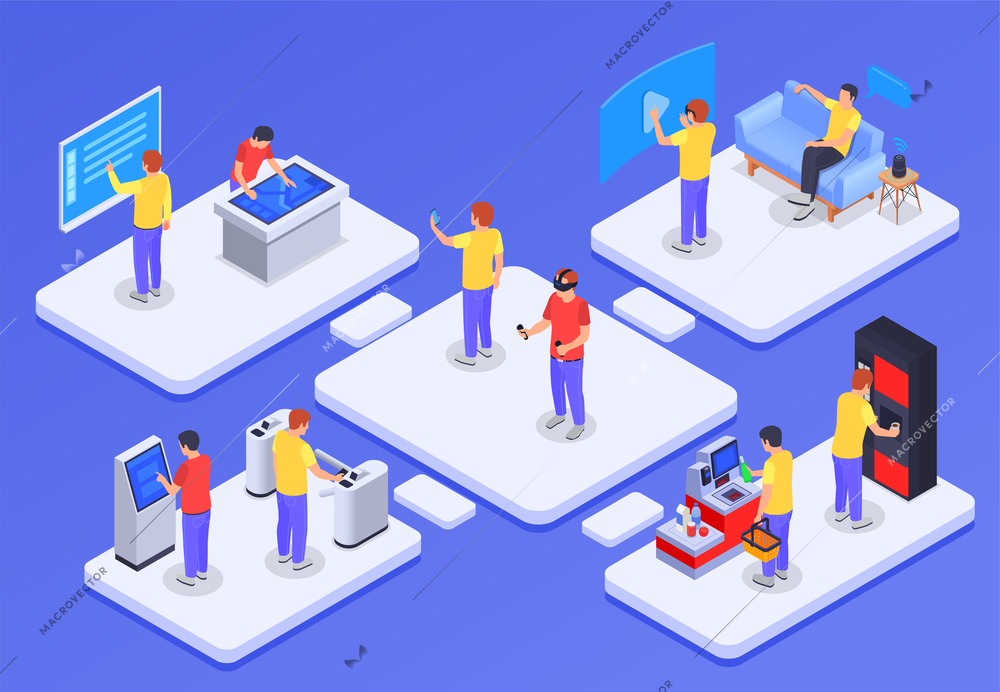 People and interfaces isometric concept with characters interactive terminals electronic gadgets at home and in public places vector illustration