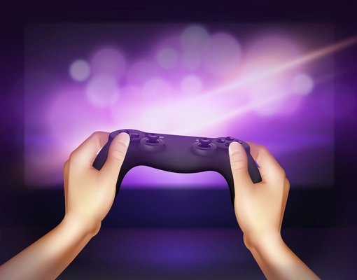 PC video games realistic gamepad controller in hands entertainment device closeup violet blurred light background vector illustration