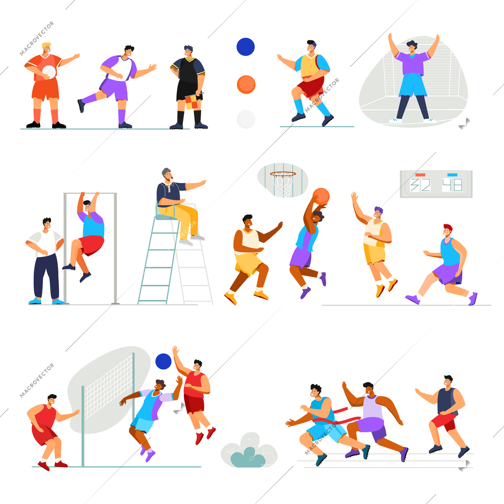 Sports stadium set with flat human characters of playing athletes with workout and places for referee vector illustration