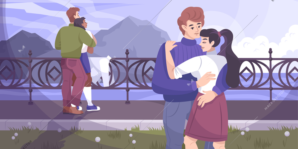 Hug lovers composition with two couples cuddling on the embankment at sunset vector illustration