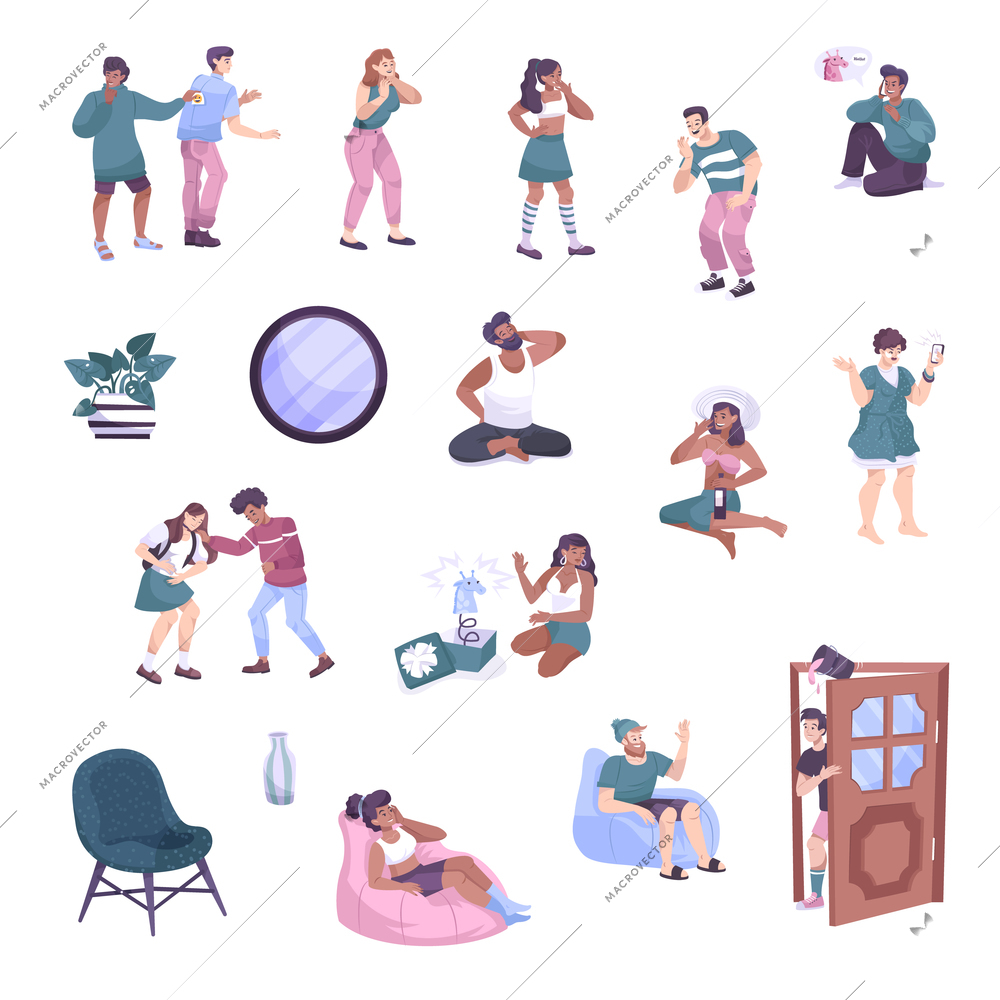 All fools set with flat icons and human characters of people making pranks of each other vector illustration