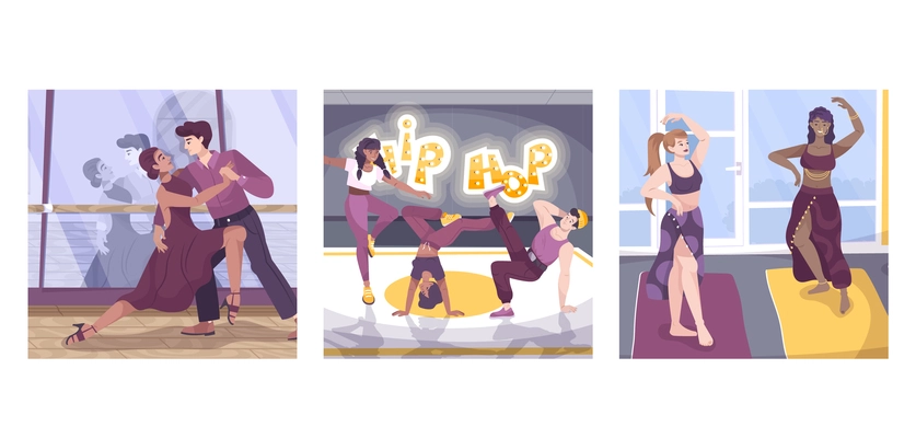 Set of three square dancer compositions with flat human characters in dancing studio environments with partners vector illustration