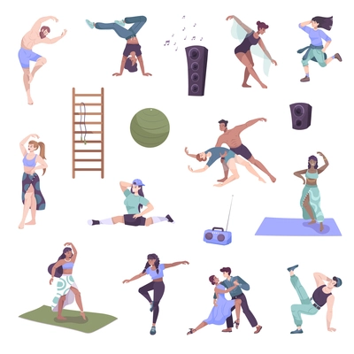 Dancer set with flat isolated characters of dancing people with icons of training equipment and loudspeakers vector illustration