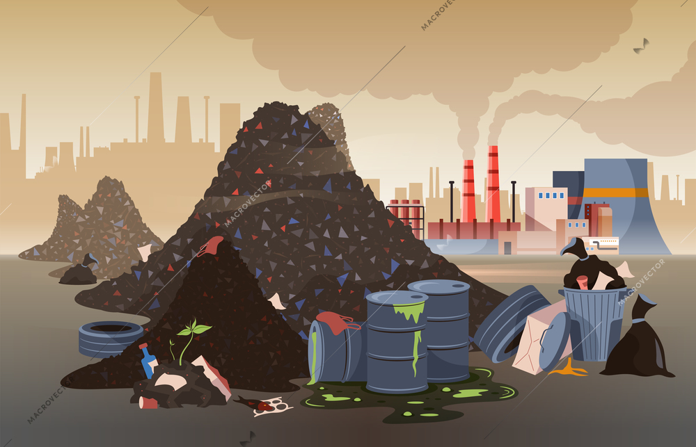 Polluted city area with mountains of rubbish toxic waste and working factories flat vector illustration
