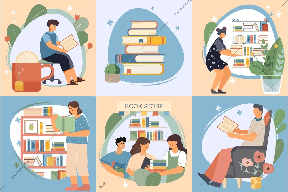 Flat book composition icon set with people people in the book store books on the home shelf and reading vector illustration