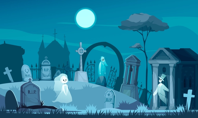 Haunted cemetery with old graves crosses crypt on background with night sky and chapel silhouette cartoon vector illustration