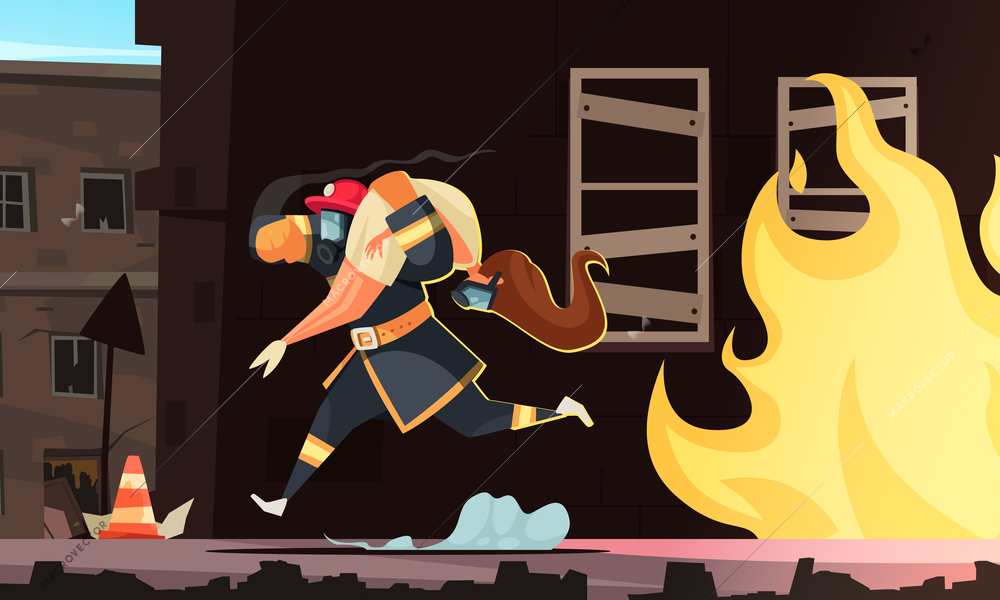 Cartoon fireman carrying woman in arms saving her from fire vector illustration