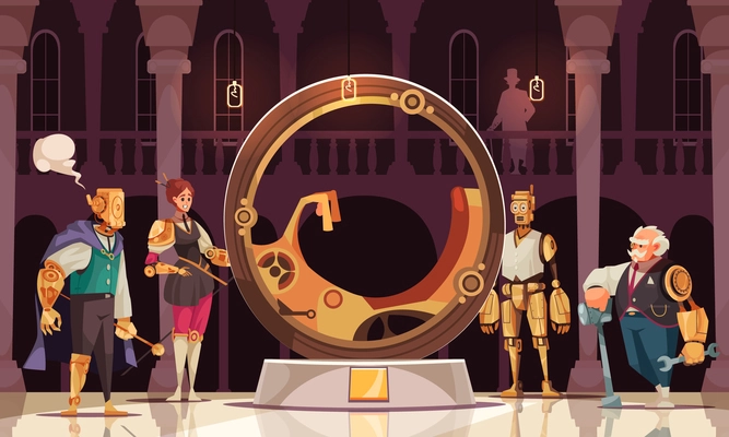 Cartoon steampunk robots and human characters with robotic body parts standing around vintage monowheel vector illustration