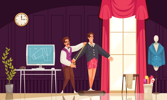 Male tailor taking measurements of smiling man for jacket in atelier cartoon vector illustration