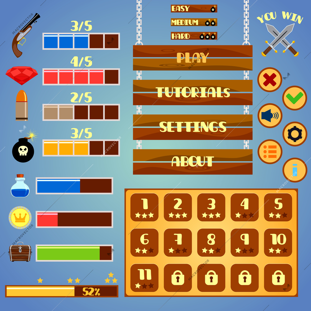 Arcade adventure game menu interface design layout template vector illustration