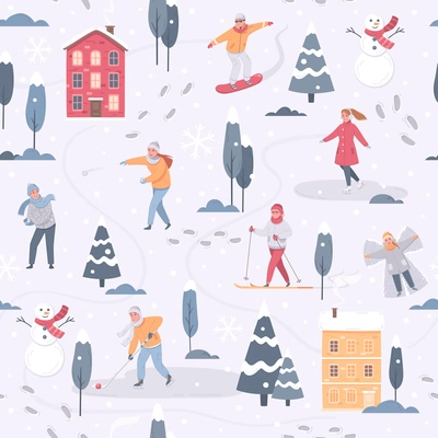 Winter sports leisure activity cartoon pattern with images of snowy trees houses and people doing sports vector illustration