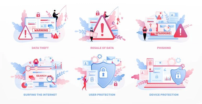 Set of six isolated data privacy compositions with flat icons of warning alerts locks and shields vector illustration