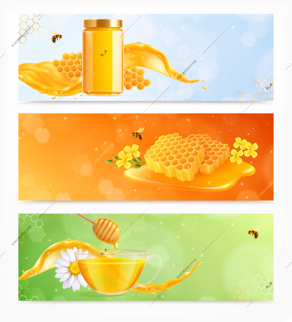 Honey set of three horizontal banners with realistic images of dishes flowers and combs with bees vector illustration