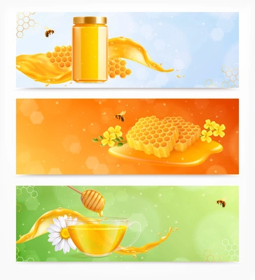 Honey set of three horizontal banners with realistic images of dishes flowers and combs with bees vector illustration