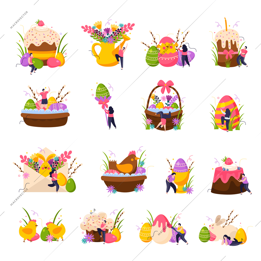 Easter flat icons set with colored eggs cake and flowers isolated vector illustration