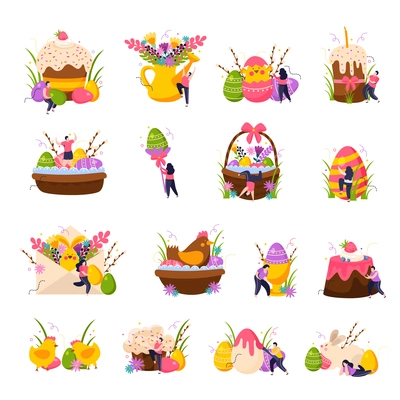 Easter flat icons set with colored eggs cake and flowers isolated vector illustration