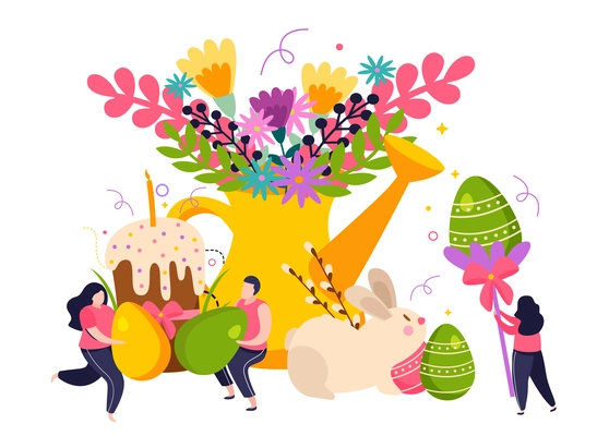 Easter holiday flat composition with colored eggs flowers and cake vector illustration