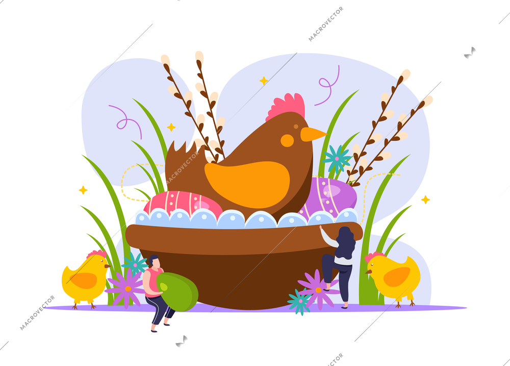 Easter flat concept with colored eggs hen and people vector illustration