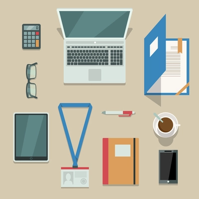 Top view on office workplace with mobile devices and documents isolated vector illustration